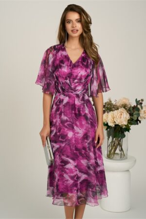 Rochie midi magenta din voal in clos cu imprimeuri si maneci vaporoase