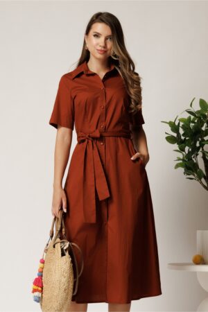 Rochie midi maro din bumbac in clos cu cordon in talie