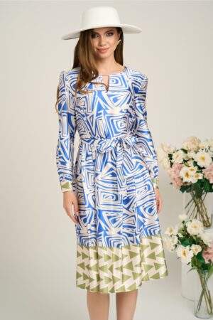 Rochie midi office bej de zi cu imprimeu albastru