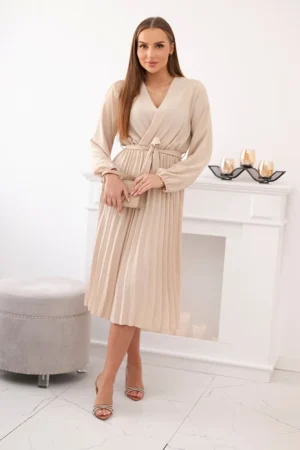 Rochie midi plisată bej cu cordo...