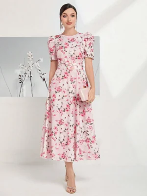 Rochie midi roz cu imprimeu flor...