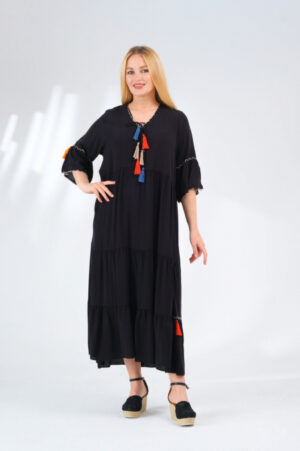 Rochie neagra boho chic cu ciucuri colorati