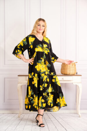 Rochie neagra lunga boho chic cu imprimeuri florale galbene