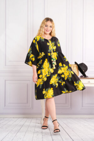 Rochie neagra midi boho chic cu imprimeuri florale galbene