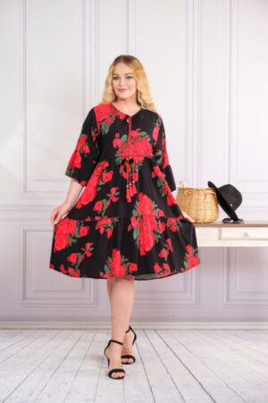 Rochie neagra midi boho chic cu imprimeuri florale rosii