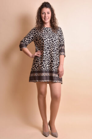Rochie office cu animal print maro si maneci trei sferturi