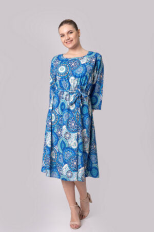 Rochie office cu imprimeuri mandala albastre si cordon in talie