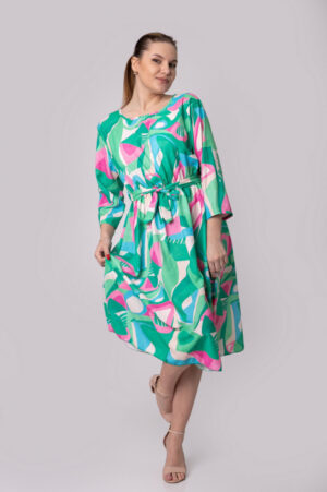 Rochie office verde cu imprimeuri geometrice roz si cordon in talie