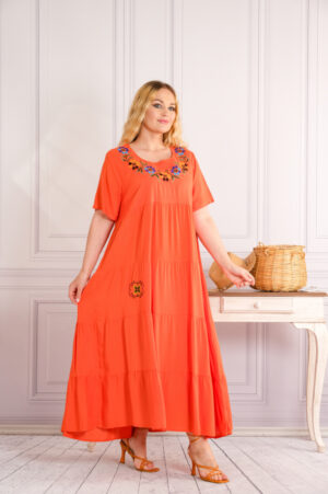 Rochie orange boho chic cu aplicatie florala pe bust