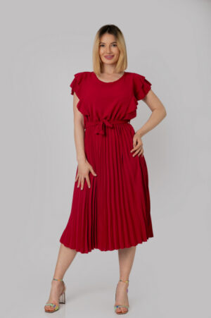 Rochie plisata grena cu volane pe maneci