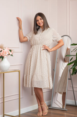 Rochie retro ivoire Brenda cu buline si maneci bufante