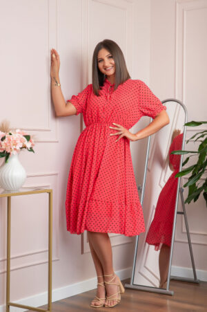 Rochie retro rosie Brenda cu buline si maneci bufante