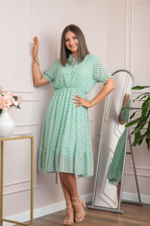 Rochie retro turcoaz Brenda cu buline si maneci bufante