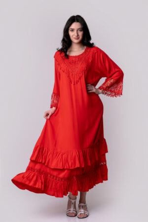 Rochie rosie boho chic cu dantela si ciucuri