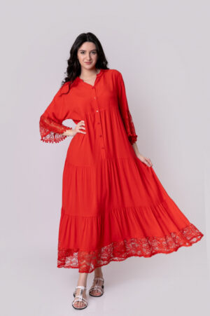 Rochie rosie lunga boho chic cu volane si dantela