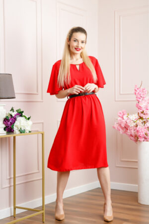 Rochie rosie clos cu curea in talie