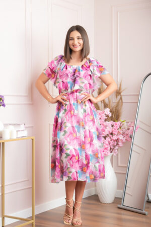 Rochie Sarah eleganta din voal cu volane si imprimeuri florale - Fuchsia