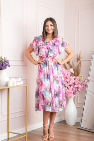 Rochie Sarah eleganta din voal cu volane si imprimeuri florale - Lila