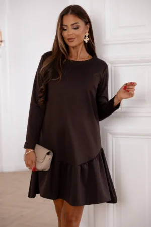 Rochie scurta maro cu volan si m...