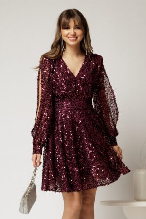 Rochie scurta mov din paiete cu decolteu V si maneci crapate