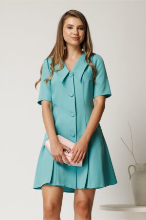 Rochie scurta turcoaz din stofa in clini cu nasturi si guler maxi