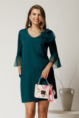 Rochie scurta verde din stofa cu mansete din voal plisat si floare maxi
