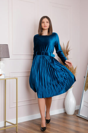 Rochie Selena eleganta din catifea turcoaz cu centura in talie