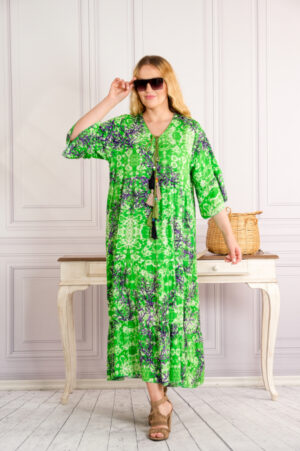 Rochie verde lunga boho chic cu imprimeuri florale mov