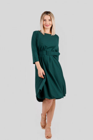 Rochie verde cu maneci trei sferturi si centura in talie