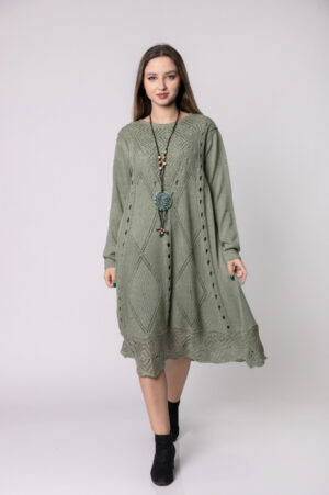 Rochie verde fistic boho chic cu model tricotat romburi