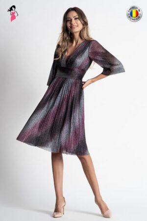 Rochie Xara de ocazie din lurex plisat gri cu roz