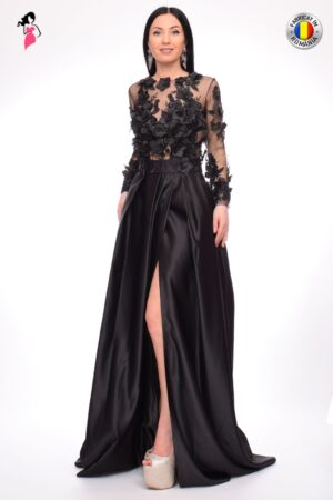 Rochie de seara lunga din tafta cu flori 3D