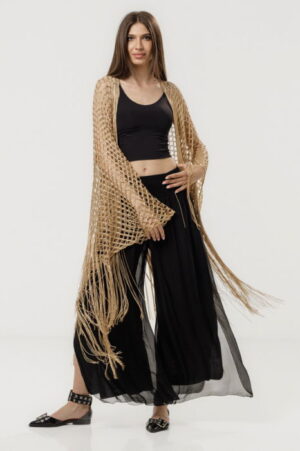 Poncho bej din plasa cu fir argintiu si franjuri lungi