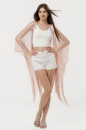 Poncho roz din plasa cu fir auriu si franjuri lungi