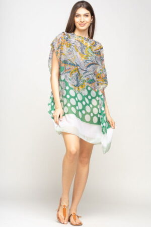 Rochie de plaja tip poncho cu motive florale si buline alb cu verde