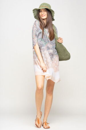 Rochie de plaja tip poncho cu motive florale si buline bej