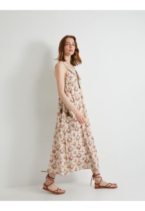 Rochie maxi din bumbac cu croiala in A si model abstract