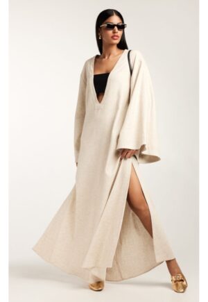 Rochie maxi din amestec de in cu maneci clopot si decolteu adanc in V