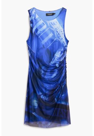 Rochie cu imprimeu si strat exterior din plasa