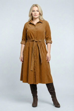 Rochie camasa din catifea reiata cu cordon in talie