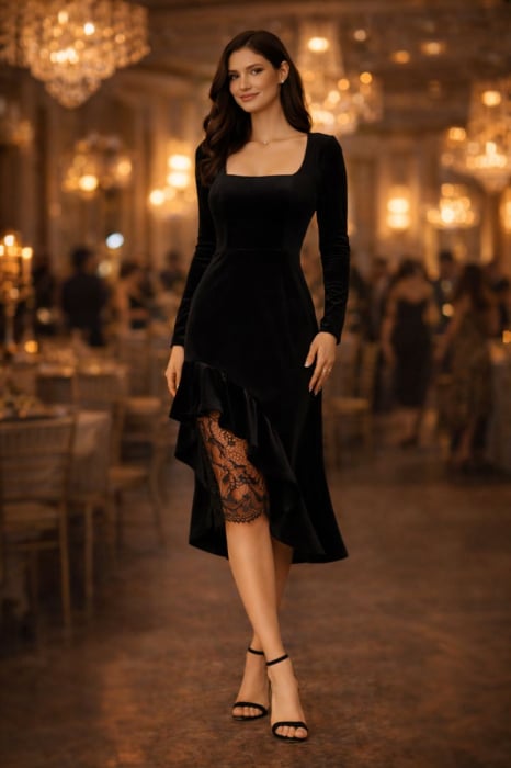 Rochie dama neagra din catifea cu volane si dantela