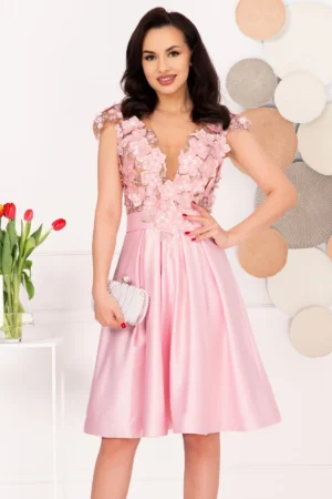 Rochie de ocazie eleganta roz in clos Liana cu flori 3D