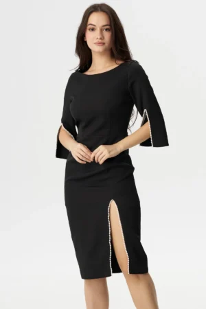Rochie de ocazie midi Daria neagra decorata cu margele