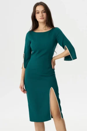 Rochie de ocazie midi Daria verde decorata cu margele
