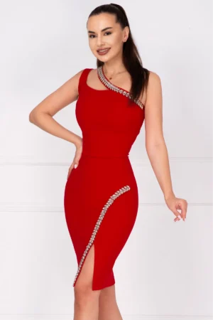 Rochie de ocazie rosie Florence decorata cu pietre sclipitoare