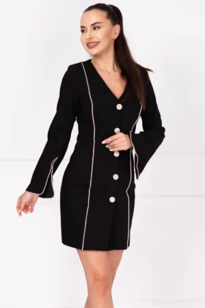 Rochie de ocazie tip sacou cu benzi pretioase din strassuri argintii