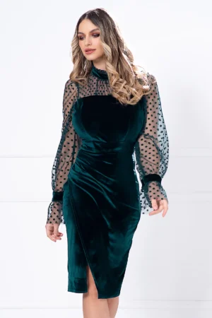 Rochie de ocazie verde din catifea cu maneci din tulle cu buline