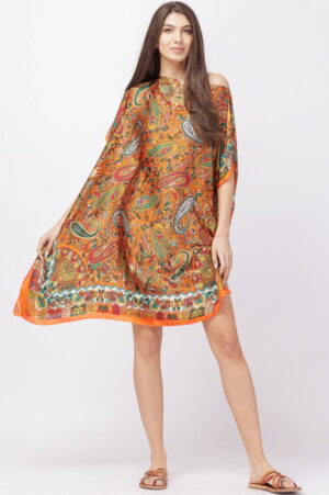 Rochie de plaja tip poncho din matase cu imprimeu paisley pe fond portocaliu