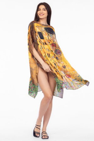 Rochie de plaja tip poncho din matase cu reproducere dupa   Sarutul    de Gustav Klimt