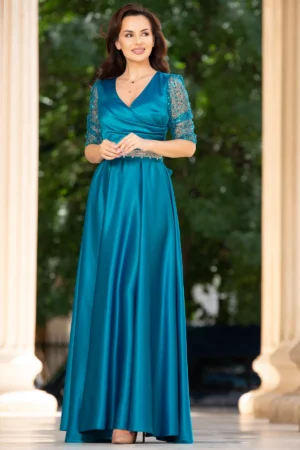 Rochie de seara aqua Giorgia lunga din tafta cu maneci paietate